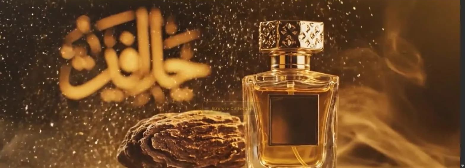 A gold perfume bottle beside oud wood with Arabic calligraphy glowing through drifting gold dust.