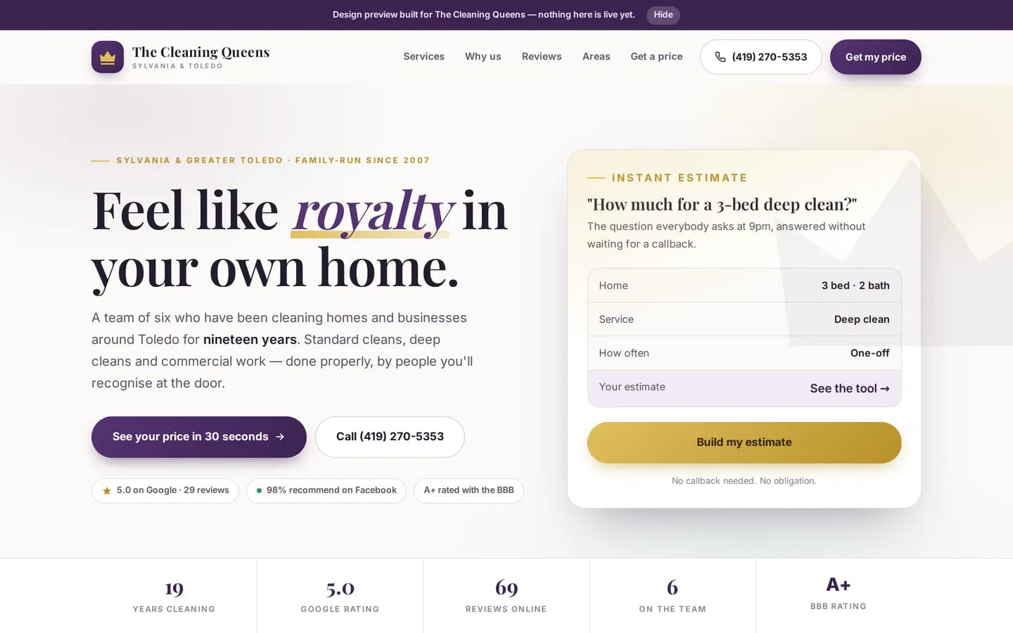 The Cleaning Queens preview homepage with an instant estimate.