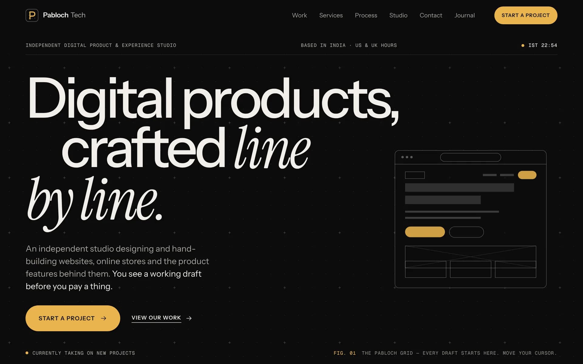 Pabloch Tech homepage: “Digital products, crafted line by line.” beside a wireframe browser drawing.