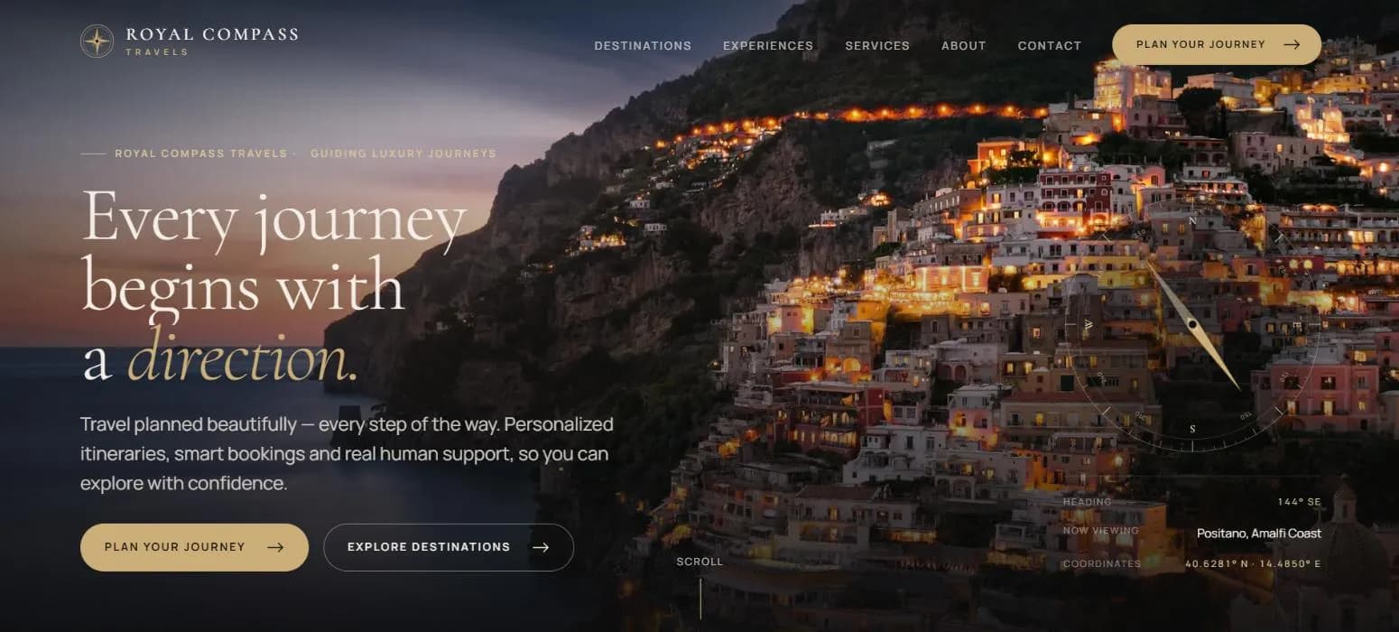 Royal Compass Travels homepage: “Every journey begins with a direction” over Positano at dusk, with a compass reading 144° SE.