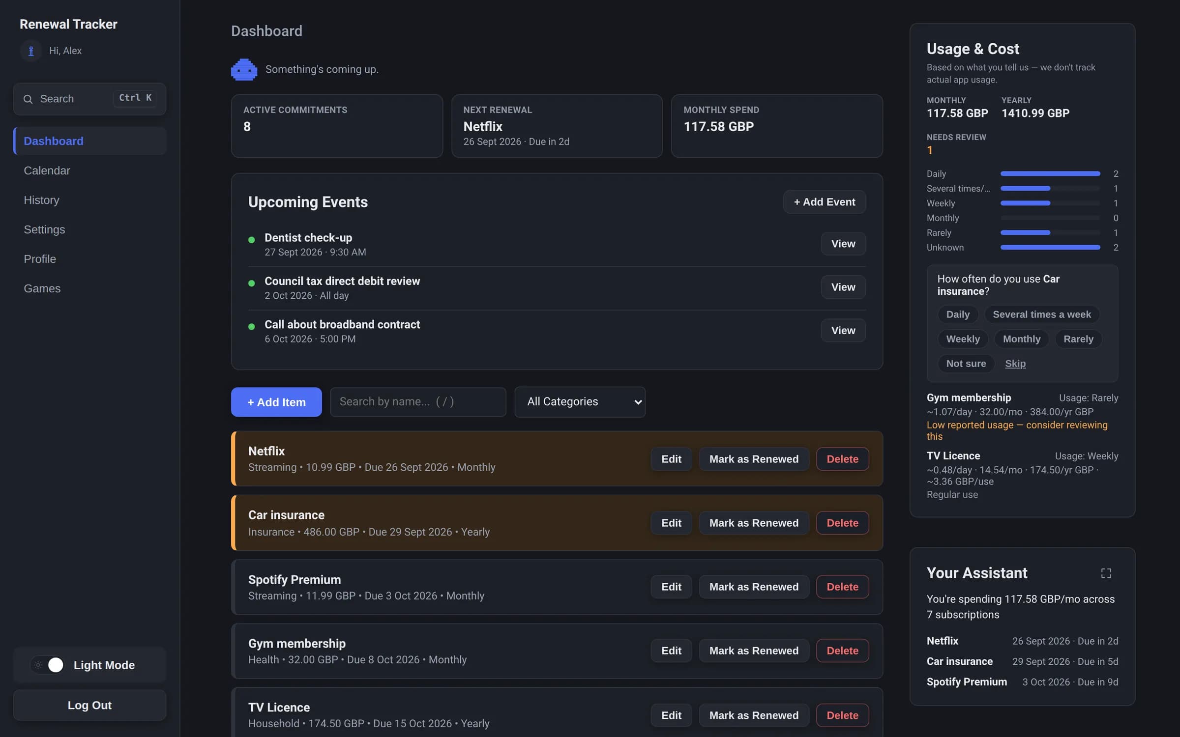 Renewal Tracker dashboard in dark mode: renewals sorted by due date, monthly spend and a Usage & Cost panel.