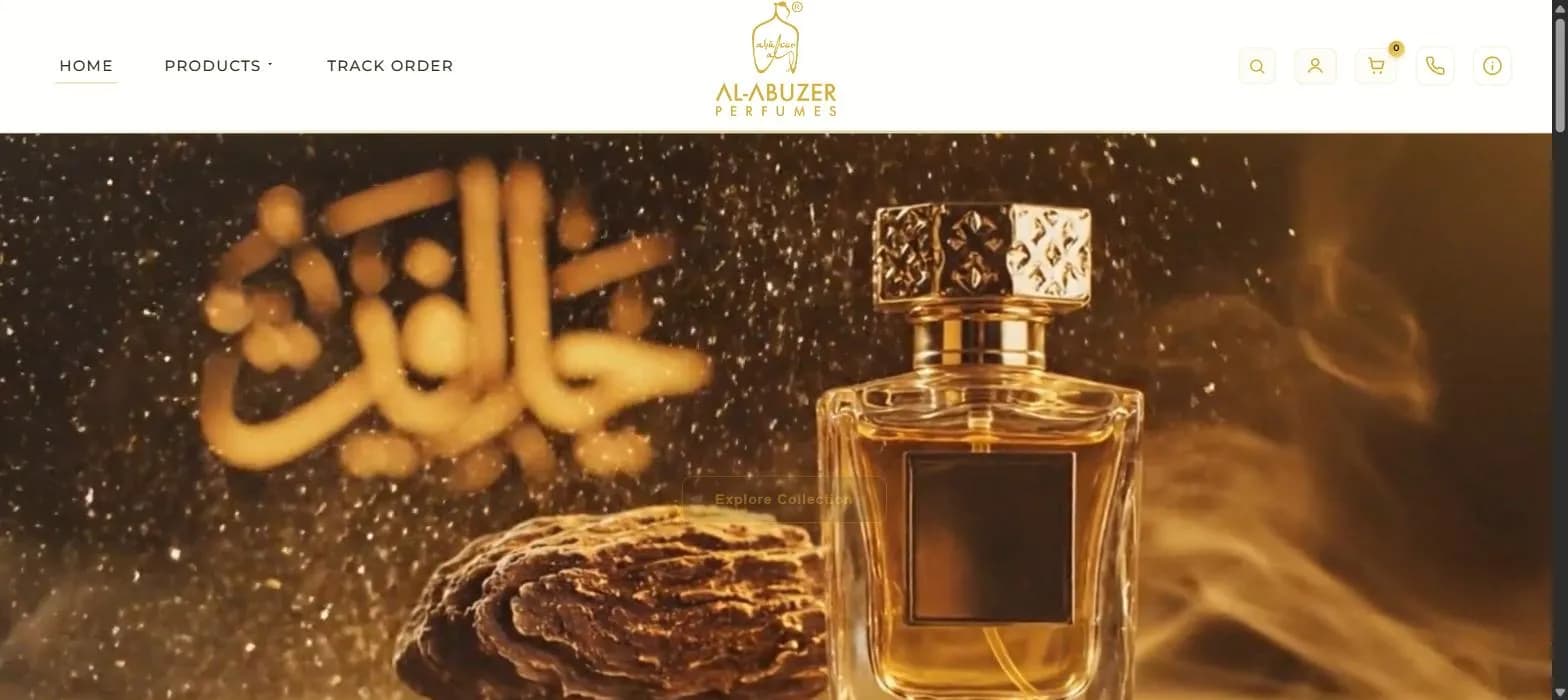Al-Abuzer Perfumes homepage with products, order tracking, search, account and cart.