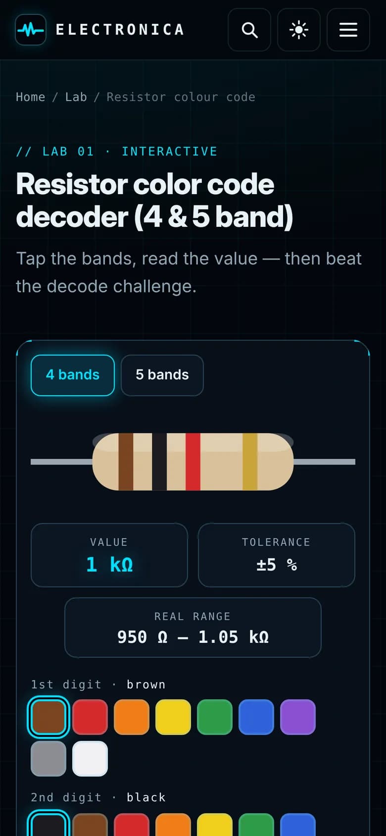 Electronica’s resistor colour-code lab on a phone, reading 1 kΩ ±5%.