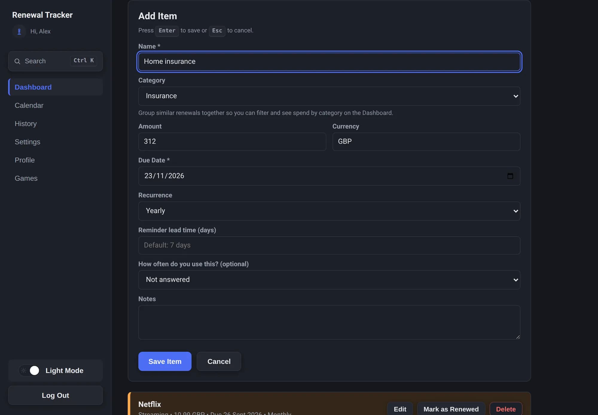 Adding a renewal: name, category, amount, due date and repeat.