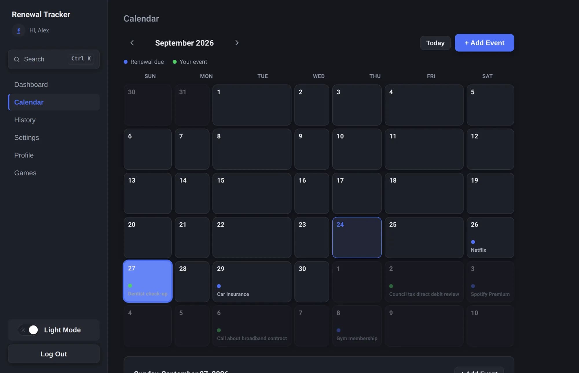 Renewal Tracker calendar view with renewals marked on each day.