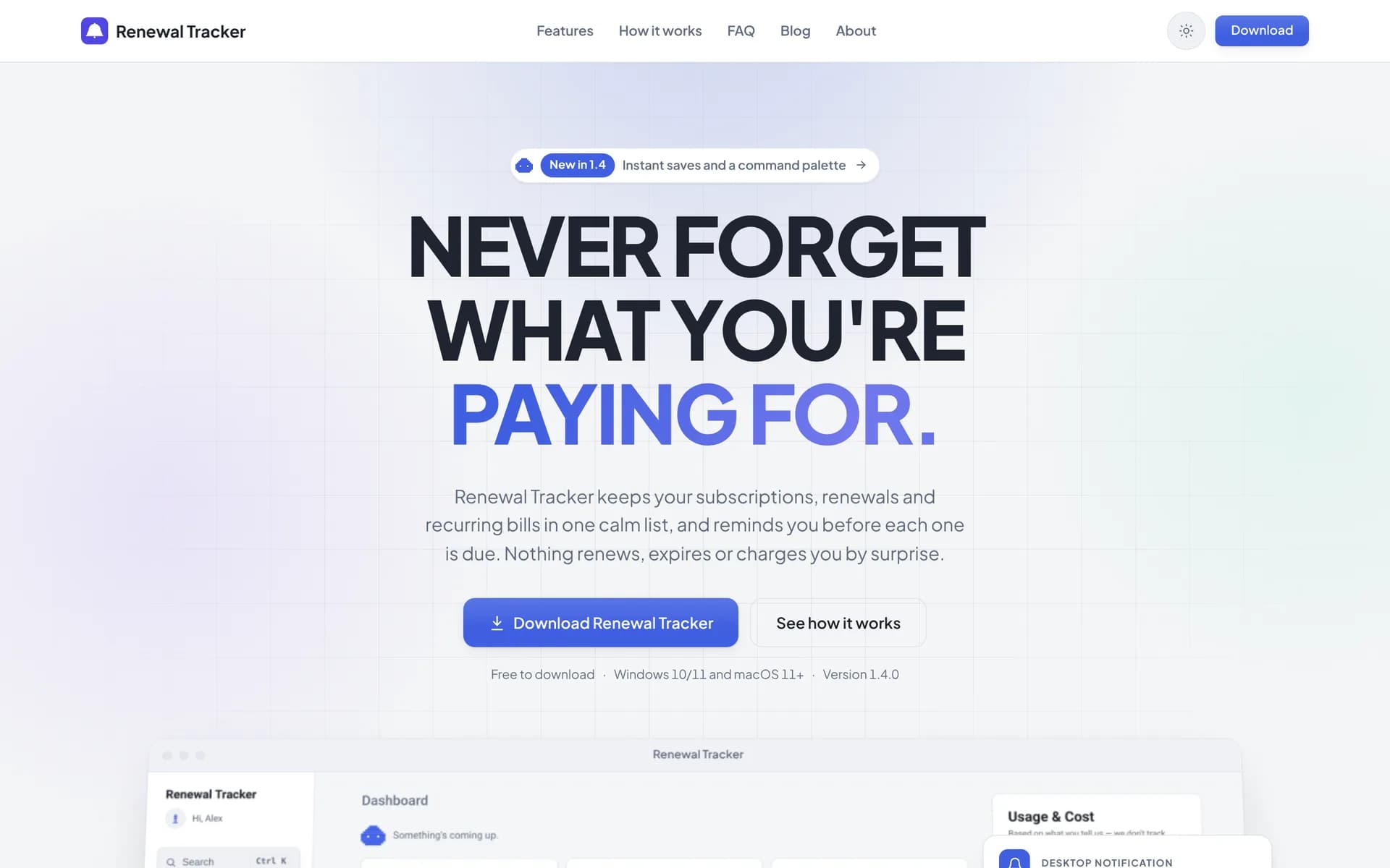 The Renewal Tracker website: “Never forget what you’re paying for.”